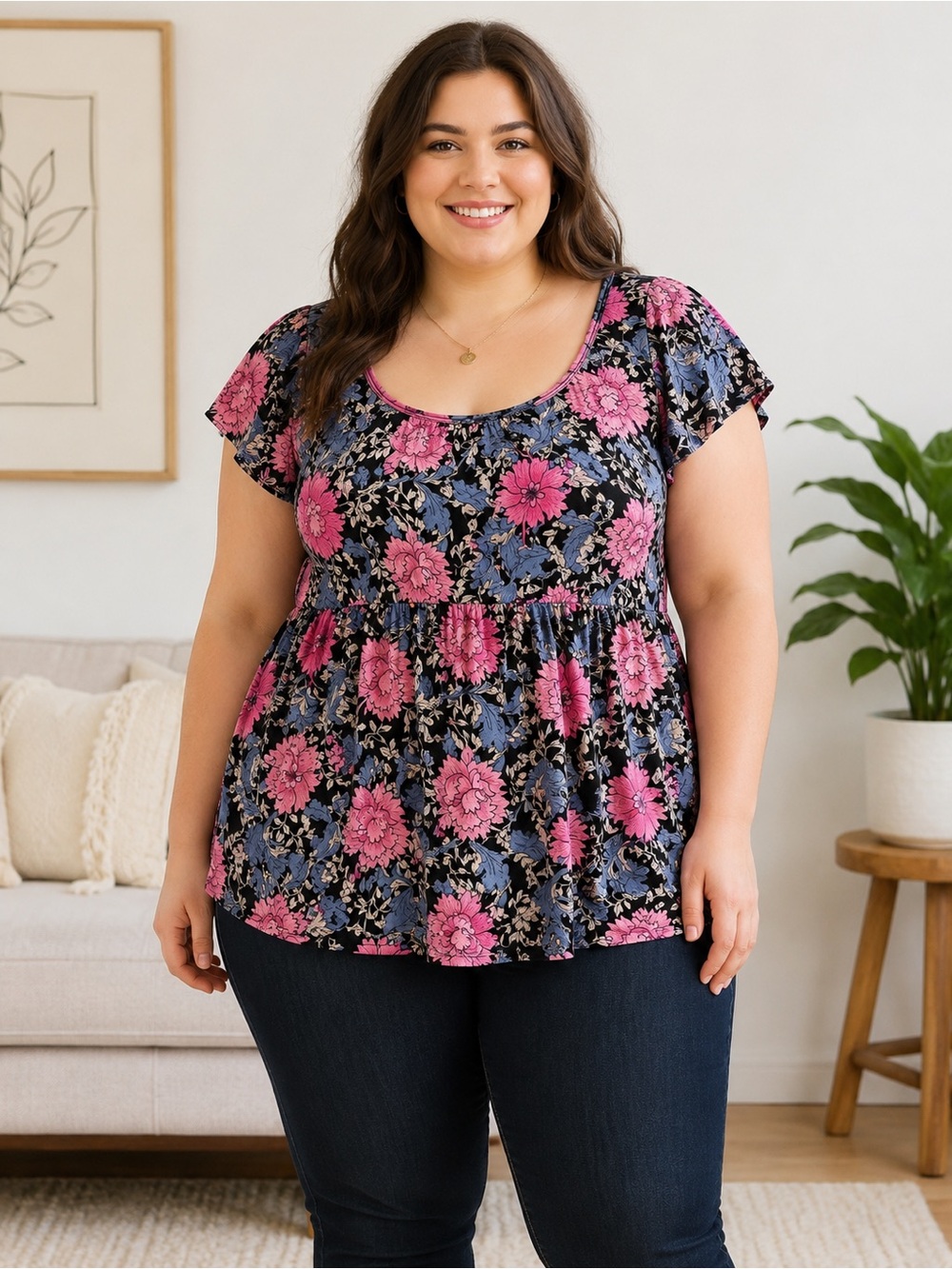 Torrid Super Soft Jersey Floral Babydoll Top Pink Blue Size 2 2X Flutter Sleeve
